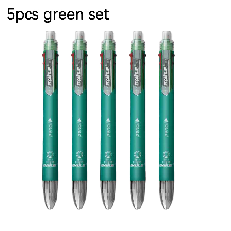 5pcs Multi-colour 6 in 1 Ballpoint Pen Set Multifunction Ball Pen and 1 Automatic Pencil Writing Supplies Stationery: Light Grey