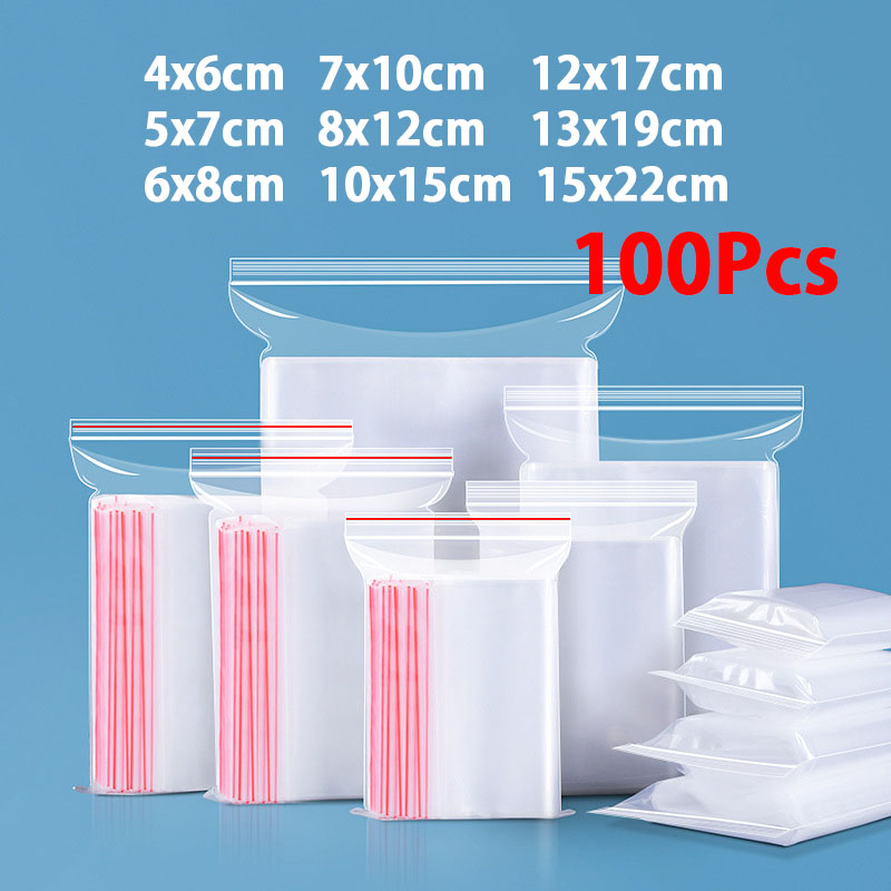 100 stk. små lynlåsposer til forsegling af gennemsigtig plastikvakuumopbevaringspose, klar, tyk, smykke- og mademballage, genlukkelige poser