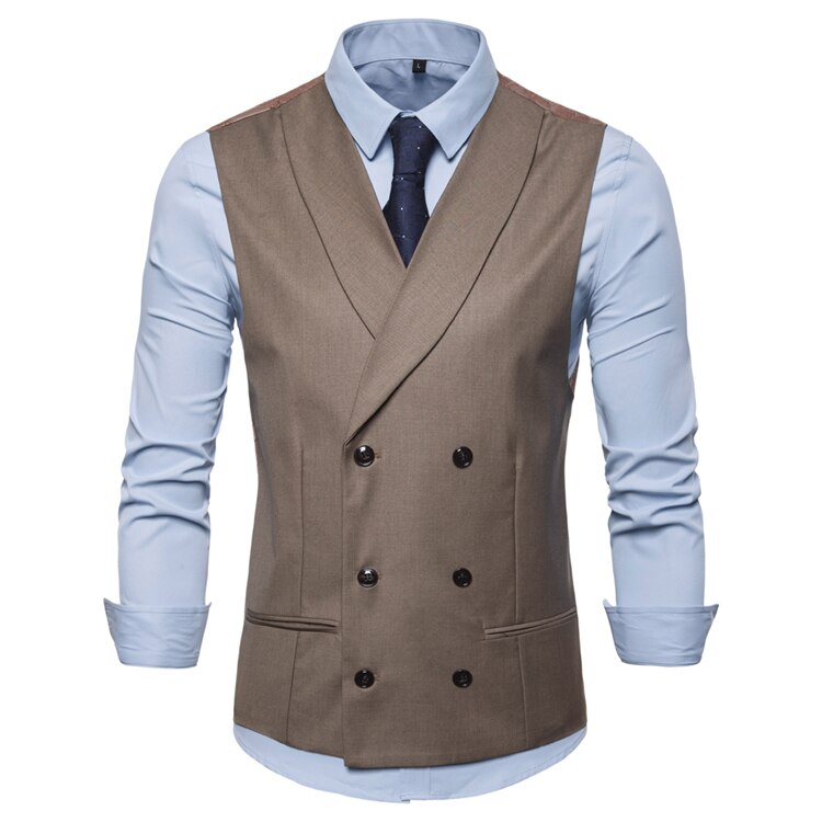 Waistcoat Men Men's Casual Sleeveless Suit Vest British Style Double-breasted Vests: Khaki / XL