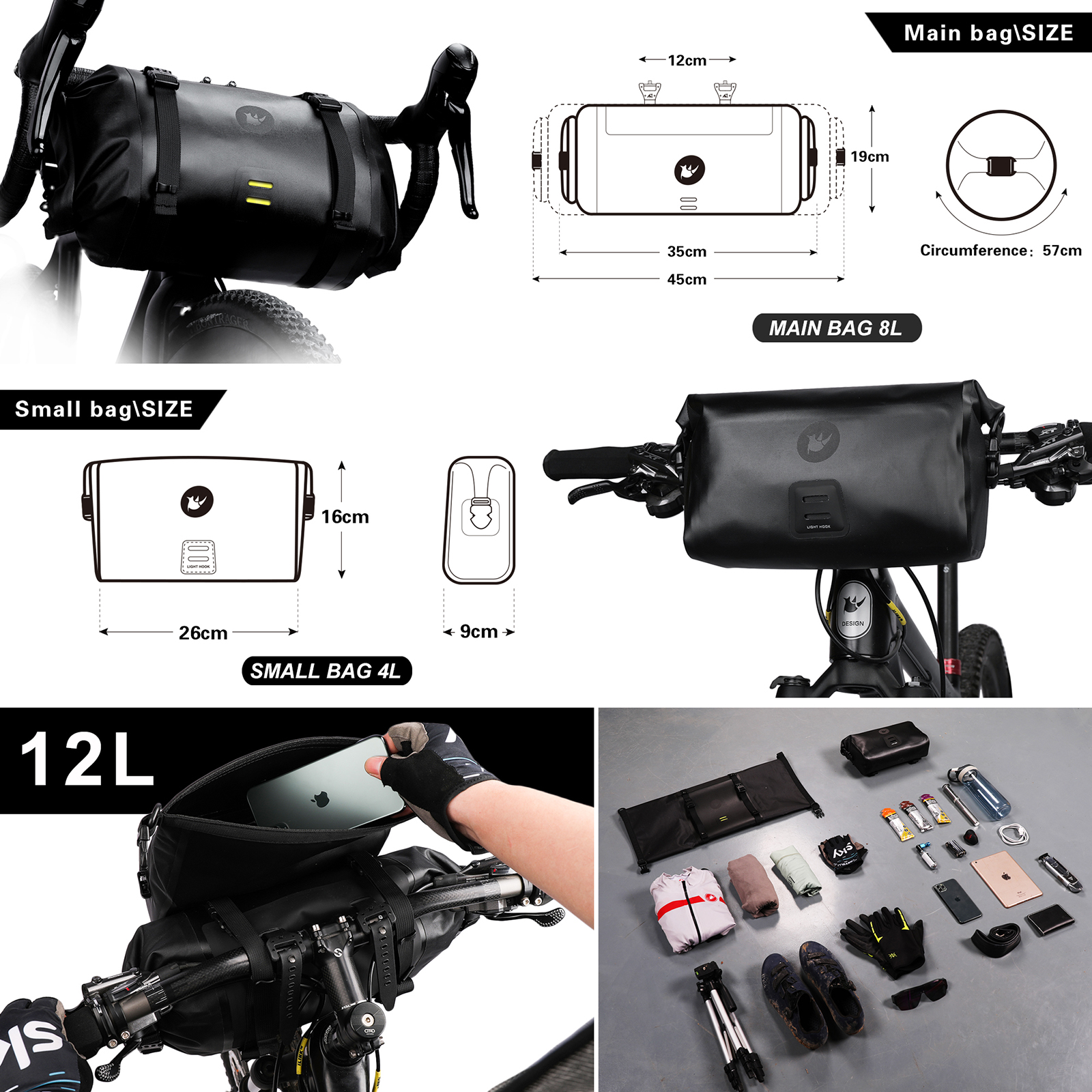 Rhinowalk Fietsstuurtas Waterdicht 4L-12L Fiets Voortas Reizen Bikepacking Fietsen Bagage Opbergtas Fietsaccessoires