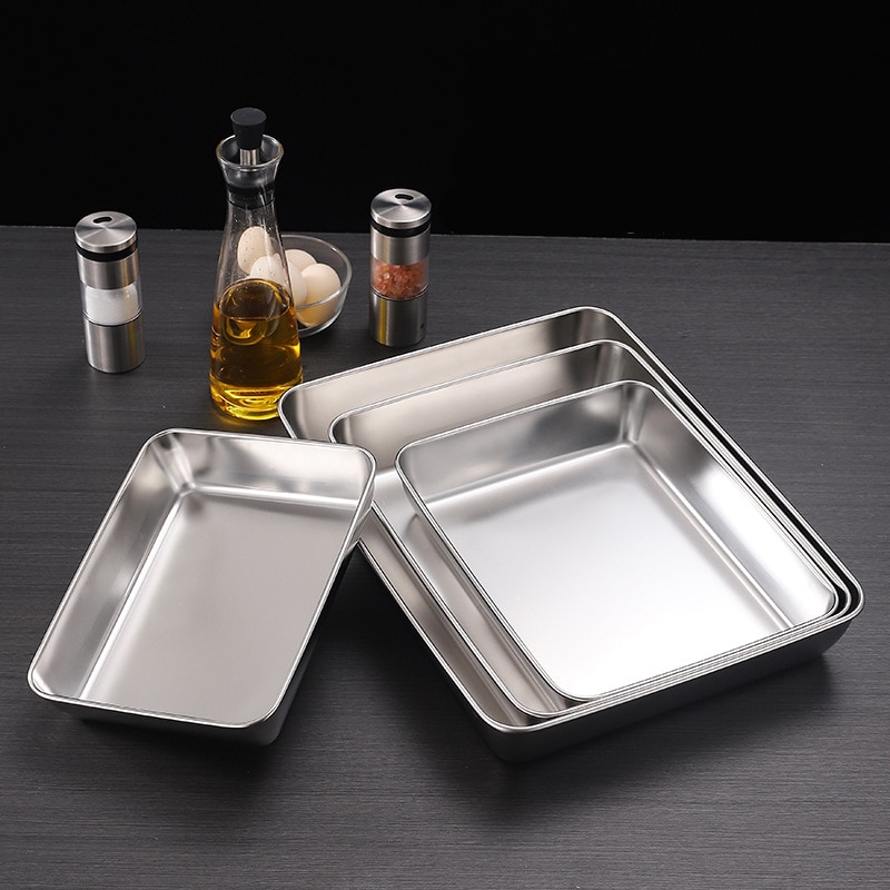Stainless Steel Rectangular Food Trays Barbecue Fruit Bread Storage Plate Kitchen Steamed Deep Pans Dish Bakeware Baking Tools
