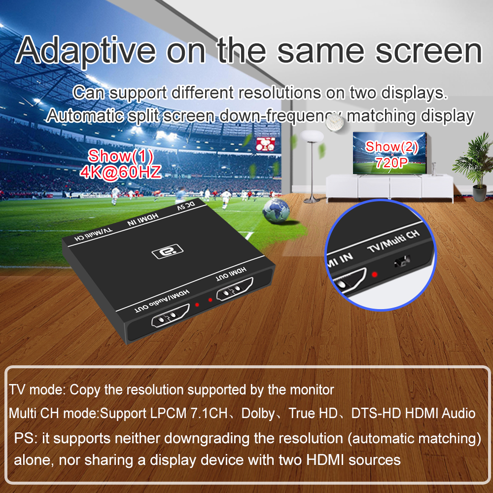 Hdmi 2.0b 1 x 2 splitter 4k @ 60hz uhd 1 in 2 ud kun hd lydudtrækker hdcp crack 7.1ch dolby atmos til ps tv-boks