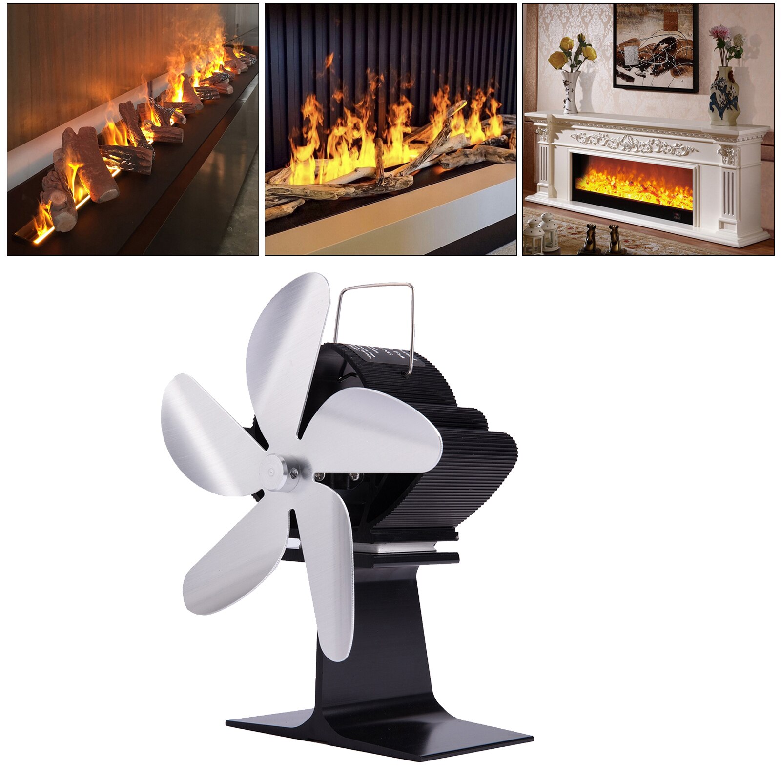 Black Fireplace Fan 4 Blade Heat Powered Stove Fan Log Wood Burner Eco Friendly Quiet Fan Home Efficient Heat Distribution: Silver