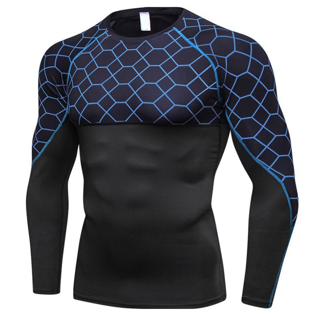 Men Quick-dry Tight Breathable Printed Sports Shirt with Long Sleeve Round Neck SEC88: Blue / XL