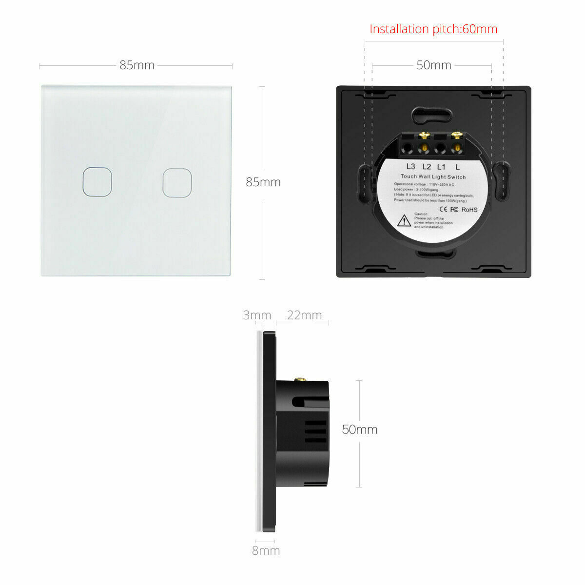 1G / 2G / 3 Gang LED Light Glass Panel Touch Sensor Switch Waterproof Wall Lamp On/Off Dimming Wireless white / black / Gold