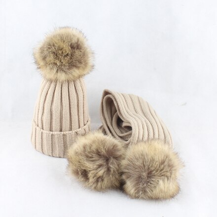 HEALCOLD Jungen Mädchen Hütte Schal einstellen freundlicher Pelz Bommel Mützen Schal Winter Schal Hütte Für freundlicher: Beige