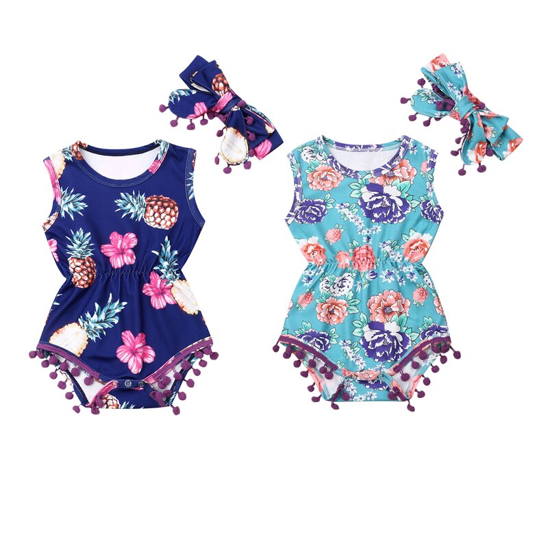 Vêtements d'été pour bébé-né, body pour bébés filles et garçons, bandeau, tenue ananas, sans manches, imprimé Floral, combinaison 2 pièces, tendance