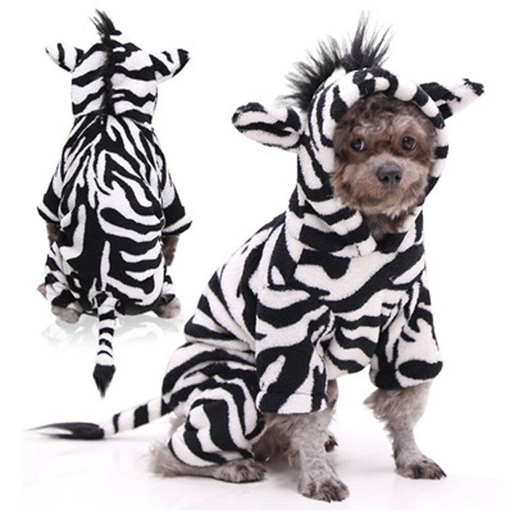 Hund løve outfit kostume sjovt halloween kæledyr festtøj til lille hund koral fleece cosplay leopard zebra kat yorkies tøj: Zebra / S