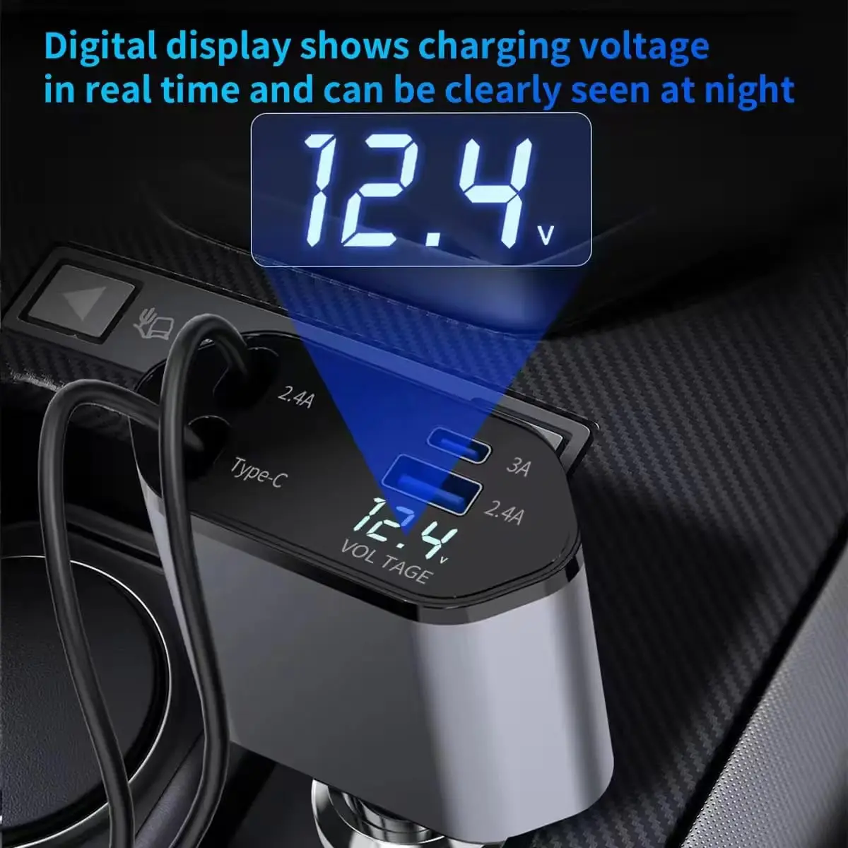 Intrekbare Autolader, 4 In 1 Snelle Autolader Met Snoer 2,6 Ft, Intrekbare Kabel En 2 Usb-Poorten Autolader Aanpassen