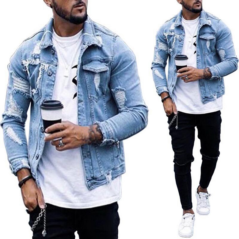 UEFEZO Men Denim Jacket Hole Ripped Men Coat Moto Biker Men Jeans Jacket Pockets Chaquetas Hombre Washed Jeans Bomber Jacket