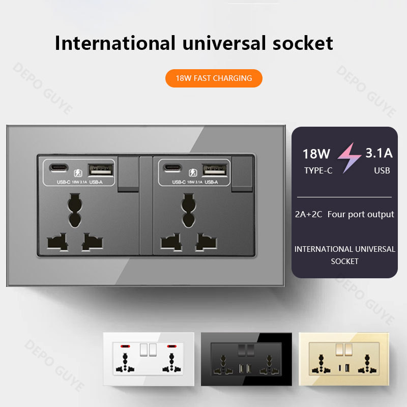 Universal Wall Socket 18W Type-C Fast Charging Plug Outlet,Glass Double 3-Pin Power Socket with DC 5V 3.1A Type-c USB Charger