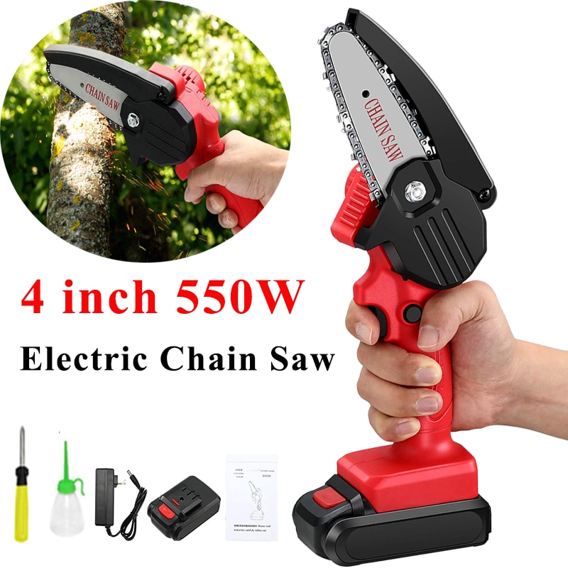 550W 4 inch Electric Chain Saw w/ 24V Lithium Battery Charger Cordless Rechargeable Woodworking Mini Pruning Saw Branch Cutting