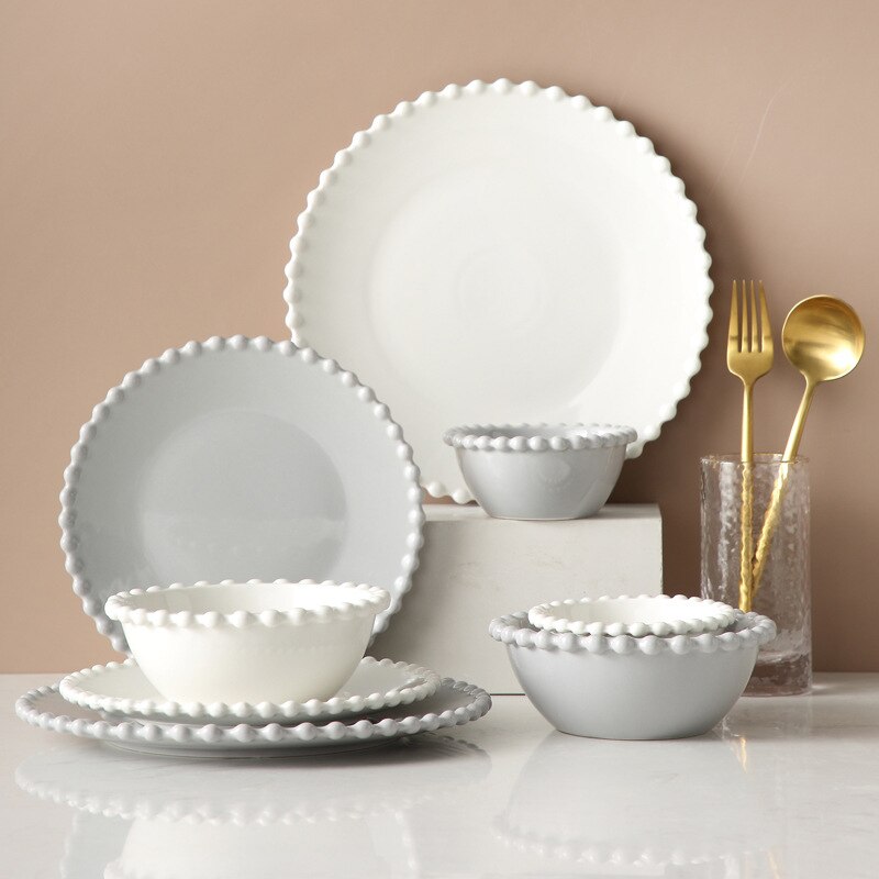 Nordic Pearl-Rim Plate Ceramics Dinnerware Set Steak Flat Tray Dessert Plate Salad Bowl Beaded Tableware Round Shape