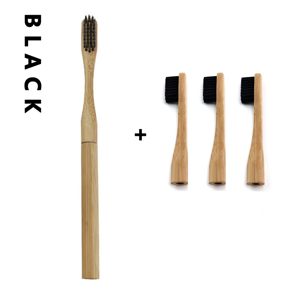 Bamboo Toothbrush with Plug-in Replacement Brush Heads Change Head ToothBush Teeth Care Cleaning Brushes for Travel Living Bath: 1pc Black 3 Head