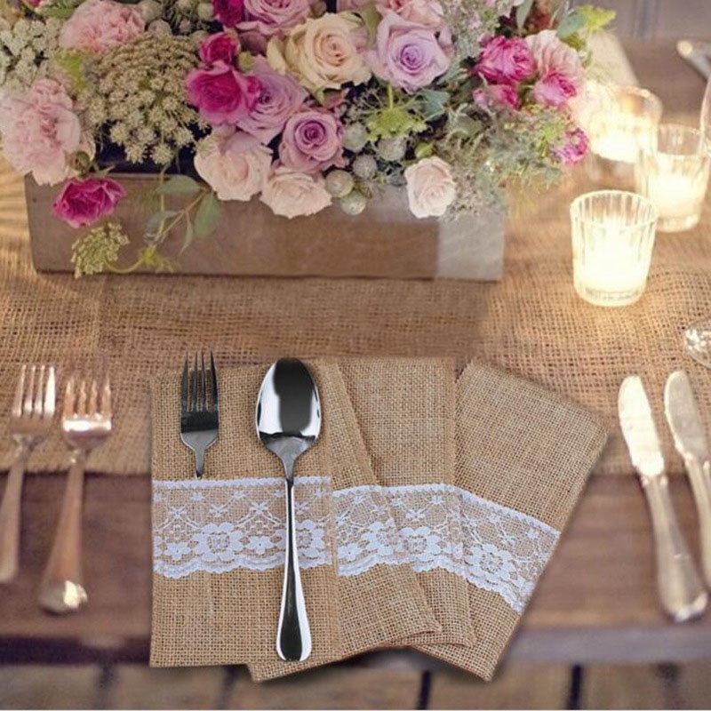 1pcs Jute Hessian Burlap Linen Lace Cutlery Holder Vintage Birthday Wedding Party Christmas Decorations Tableware Supplies 62447