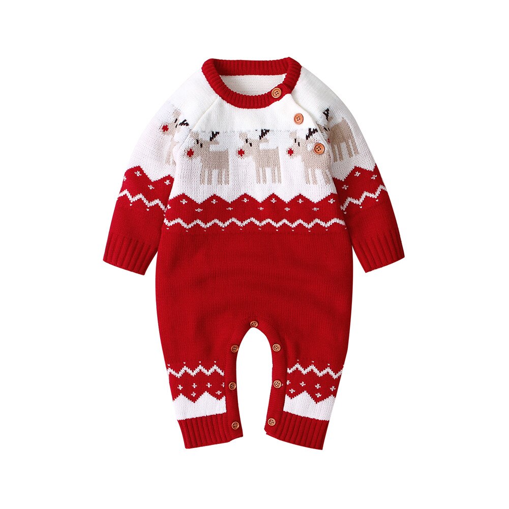 FOCUSNORM Infant Baby Girls Boys Christmas Romper Long Sleeve Elk Pattern Printed Knit Warm Jumpsuit: Red / 6M