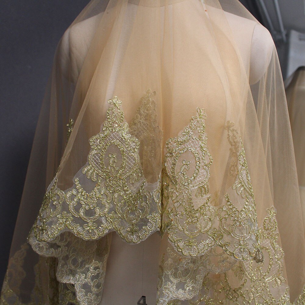 Duvak ve Kusak SchöNe Gold Spitze Tüll Hochzeit Schleier ohne Kamm Kurze Braut Schleier Hochzeit Zubehör