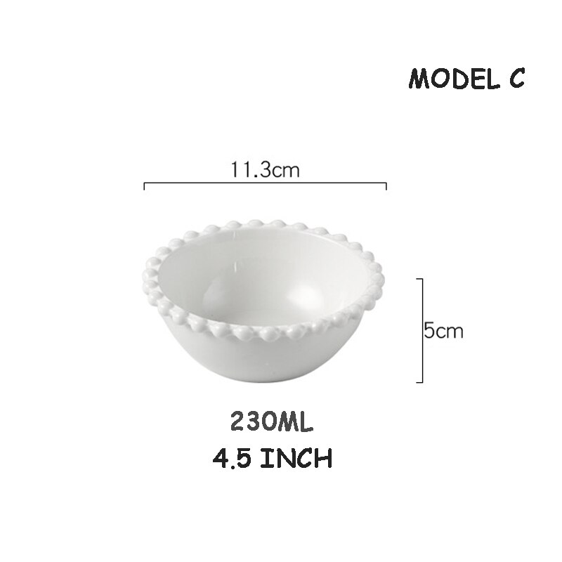 Nordic Pearl-Rim Plate Ceramics Dinnerware Set Steak Flat Tray Dessert Plate Salad Bowl Beaded Tableware Round Shape: C