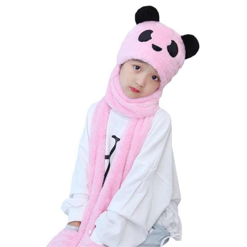 Peuter kinderen baby winter 3 in 1 muts lange sjaal handschoenen set panda dierenoren dikke pluizige pluche hoodie oorklep muts nekwarmer: C / S