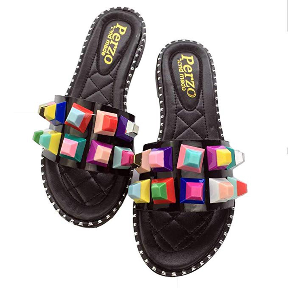 Sandalias de mujer con tachuelas coloridas sandalias con pedrería remaches elegantes Chanclas de cuero planas de Punta abierta Sandalias cómodas al aire libre