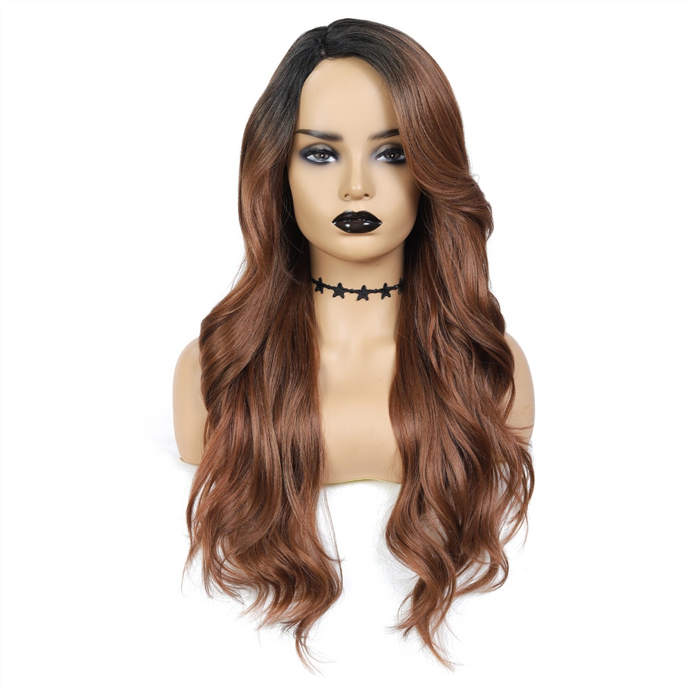 SOKU Pelucas Long Brown Wavy Wig Synthetic Lace Front Wigs For Black Women Lace Wig Synthetic Glueless Heat Resistant Fiber Wigs