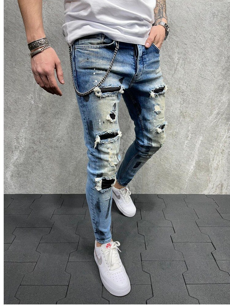 Jeans Men's Slim Ripped Denim Men's Painted Jeans blue Retro Patch Beggar Pants Jumbo Men's Hip Hop Pants Size S-4XL