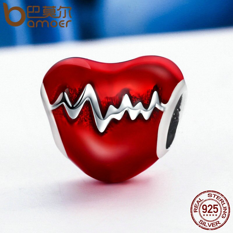 BAMOER 100% 925 Sterling Silver Love Heart ECG &amp; Red Enamel Beads fit Charm Bracelets for Women Jewelry SCC249