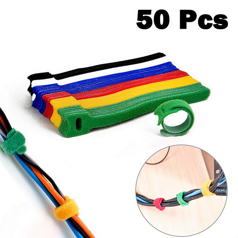 50 stk / sæt nylon krog og løkke rem kabelbindere genanvendelig fastgørelse wire arrangør lynlåse velcros nylon rem kabel kabelbinder