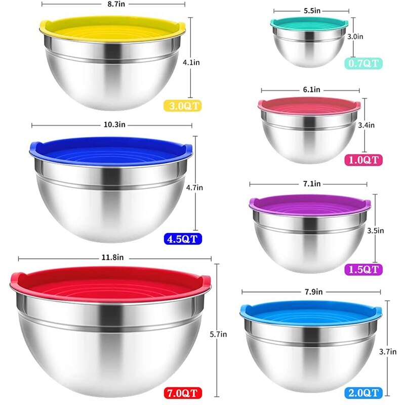 Ensemble de bols à mélanger avec couvercles, 7 pièces, bols à mélanger en acier inoxydable, bols de rangement en métal pour la cuisine, pour la préparation, la cuisson
