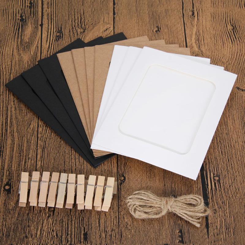10Pcs DIY Kraft Paper Photo Frame 3-7 inch Hanging Wall Photos Picture Frame Kraft Paper With Clips and Rope For Family Memory