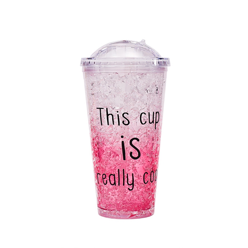 Newest Plastic Double-layer Juice Ice Cool Cup With Straw Cup Transparent Drinkware Cup 450ML: Red
