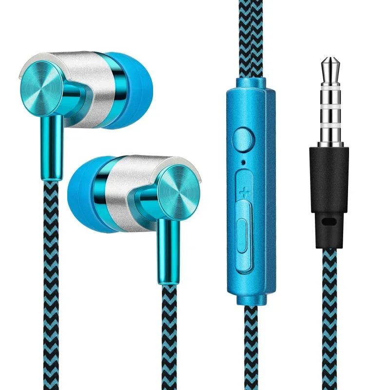 3,5 mm in-ear stereo oordopjes hoofdtelefoon bedraad nylon geweven kabel oortelefoon headset met microfoon voor telefoons tablet laptop universeel: Sky Blue