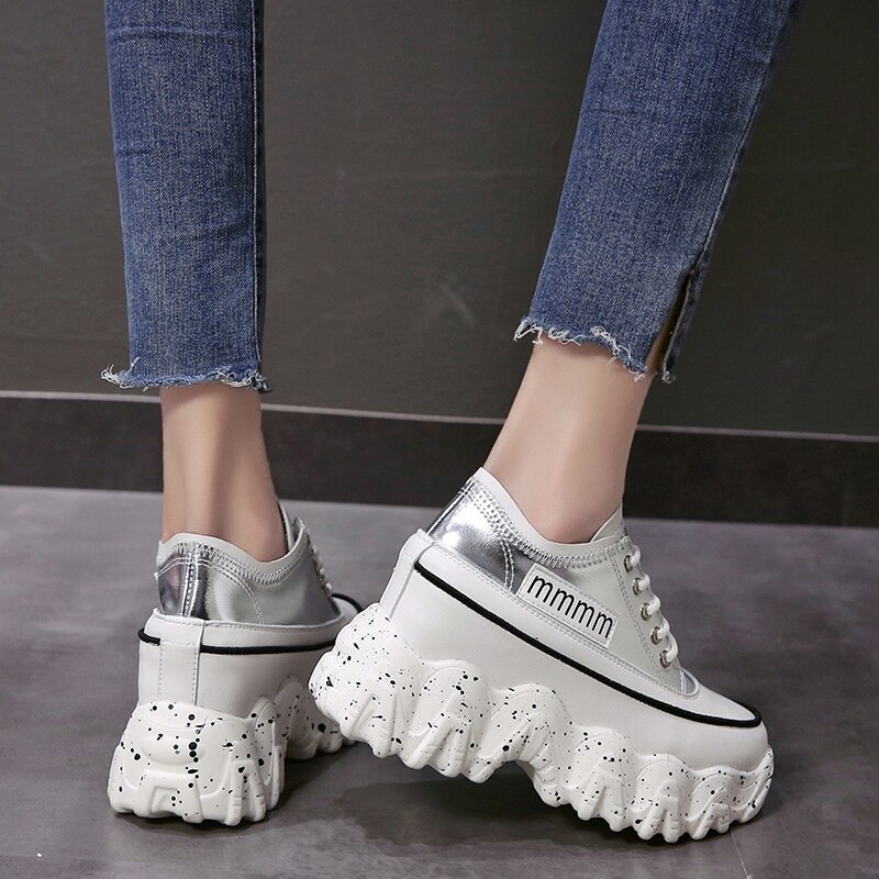 Femmes grosses baskets printemps 8.5CM talons hauts chaussures décontractées à semelles épaisses à lacets dames chaussures à plate-forme compensée baskets femme
