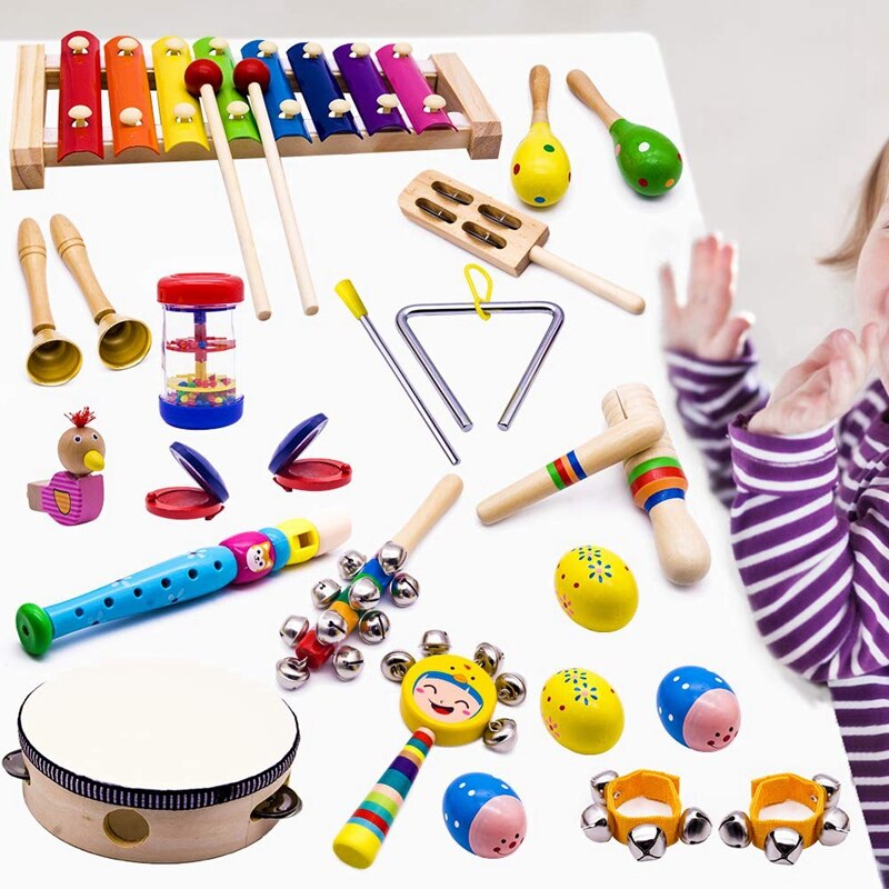 Børn musikinstrumenter , 15 typer 23 stk træ percussion xylofon legetøj til drenge og piger førskoleundervisning med opbevaring