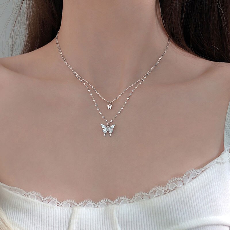 ANENJERY 925 Sterling Silver Shiny CZ Butterfly Necklace for Women Dainty Double Layer Clavicle Chain Necklace Jewelry S-N173: Silver Color