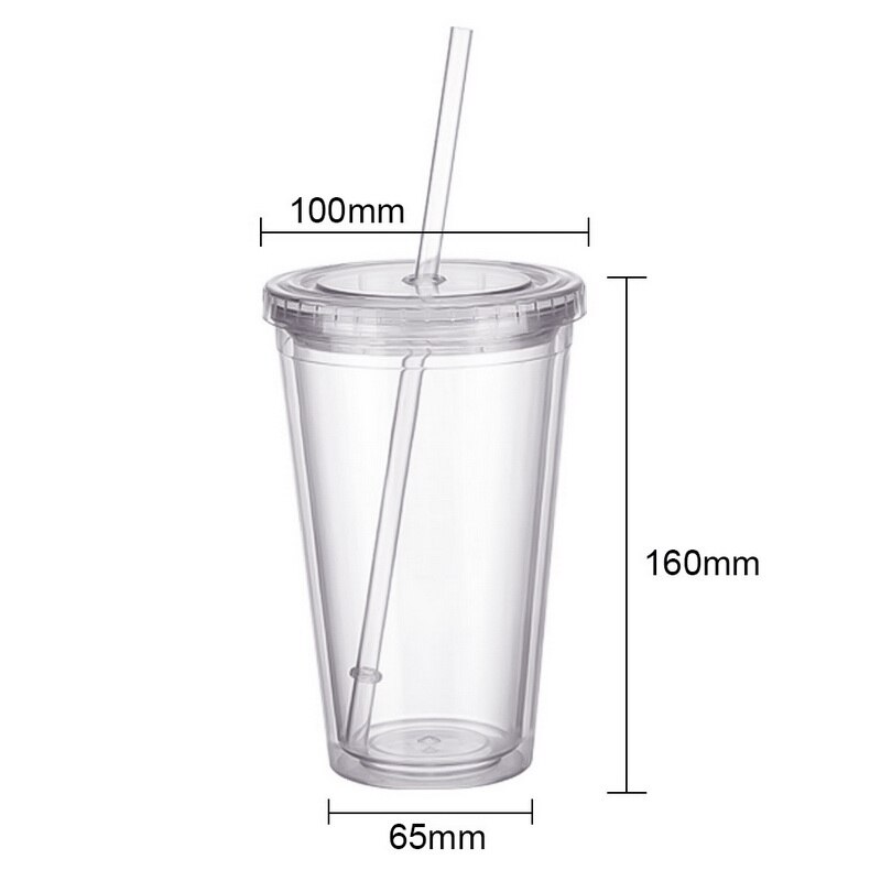 160oz Milk Tumbler with Dome Lids Double Wall Plastic Drink Cups With Straw Reusable Clear Water Bottle Transparent Fruit Cup: White-500ml