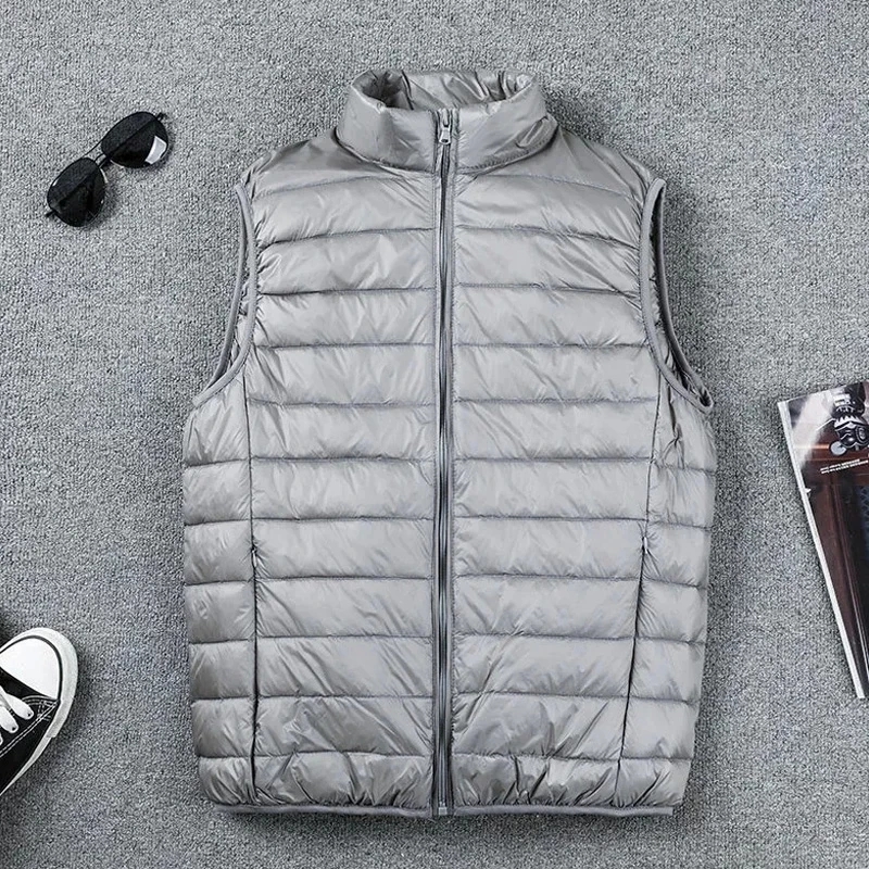 Men Ultra Light Down Vests Sleeveless Jacket Men Portable Lightweight Windproof Waistcoat Autumn And Winter Warm Coats: XXXL / GRAY
