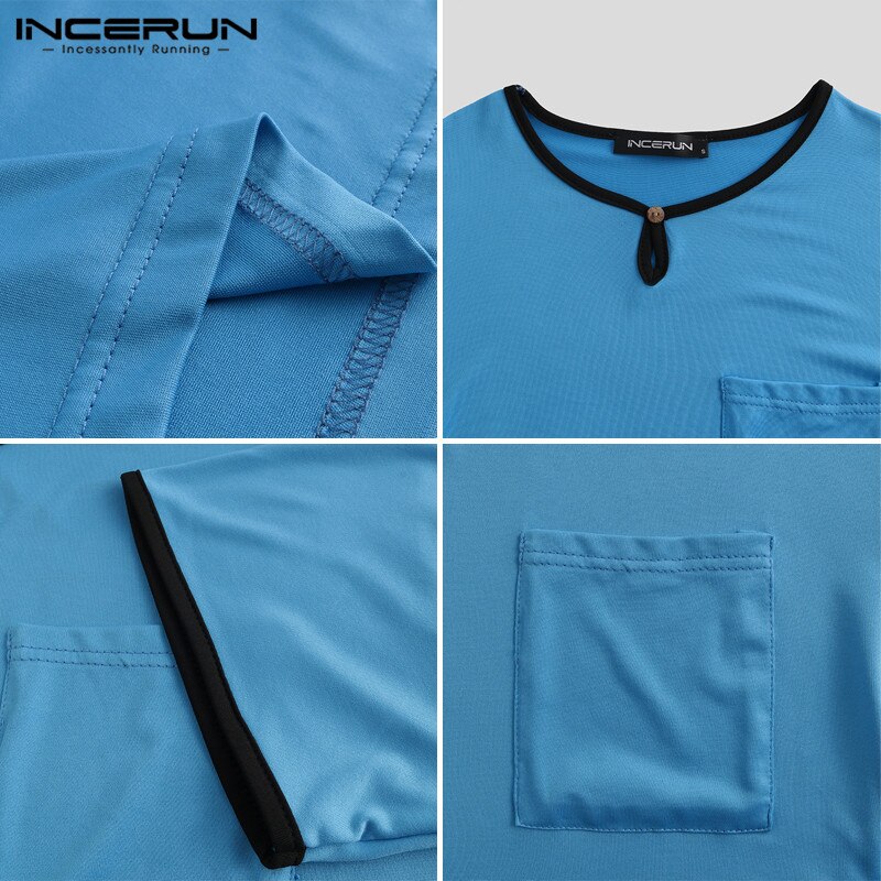 INCERUN Men Sleep Tops Short Sleeve Breathable Long Tops Summer Loose Casual V Neck Men Sleepwear Homewear S-5XL