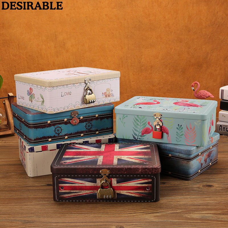Large password lock Tin box jewelry card letter photo coin secret small souvenir storage box organizer printing metal case