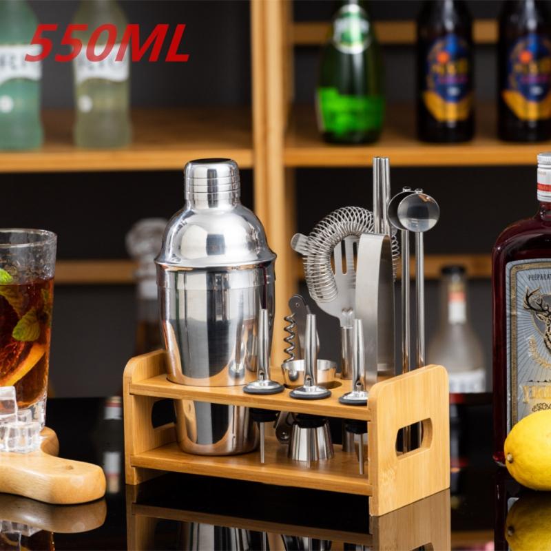 13PC Bartender Set Stainless Steel Bar Cocktail Shaker Set Barware Tools Shaker Sets With Wooden Rack Browser Kit Bars Set Tools: 550ml