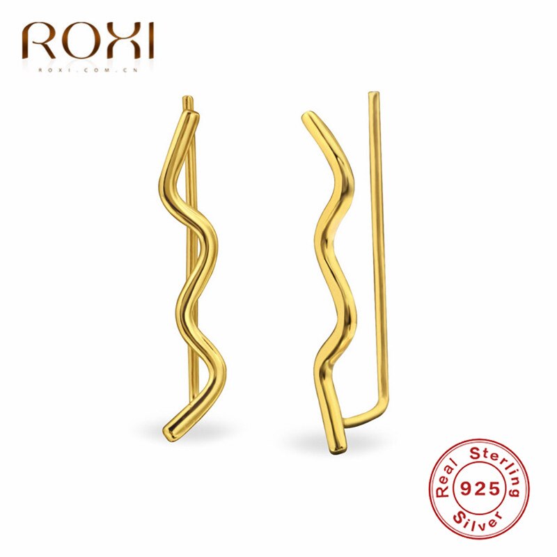 ROXI Trendy Wave Ear Climber Stud Earrings for Women Punk Ear Crawler Wrap Earrings Korean Jewelry 925 Sterling Silver Earrings