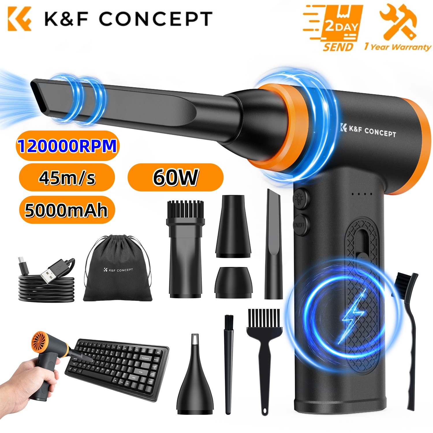 K&F-concept 120000 RPM elektrische luchtstofdoek borstelloze persluchtblazer voor pc-computer, laptoptoetsenbord, camera-reinigingsgereedschap