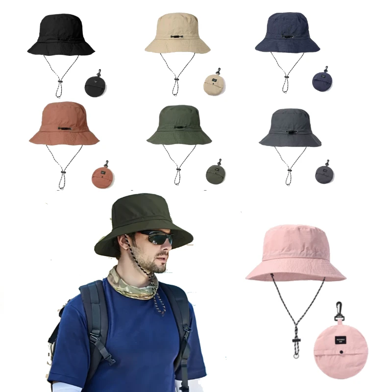 Chapeau seau d'extérieur, casquette tout-en-un pliable et à séchage rapide pour la pêche, la randonnée, le sport, de voyage compacte 4 saisons avec cordon de serrage