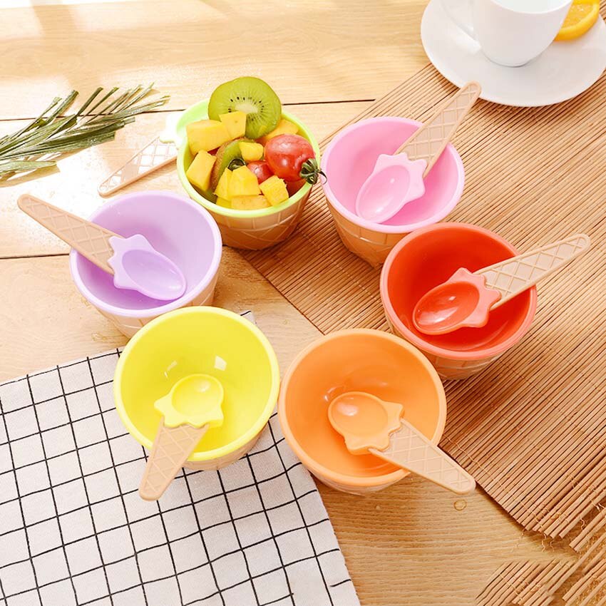Cuencos de plástico para helado para niños, juego de cucharas, taza para helado duradera para niños, para parejas, cuenco de postre encantador