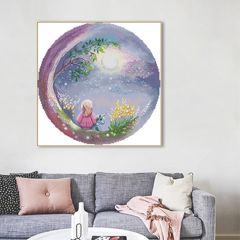 Cross Stitch Stamped Kits 14CT Printed Embroidery Cloth Needlepoint Kits Easy Patterns For Looking Up At The Moon Sky