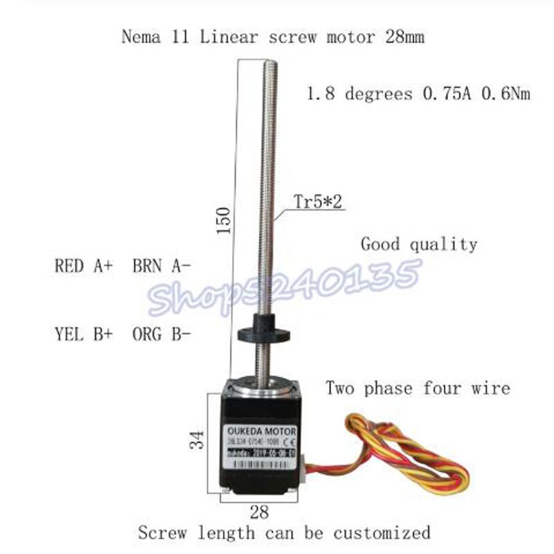 Nema 11 2-phase 4-wire linear screw motor 1.8 degrees 0.75A 0.6Nm