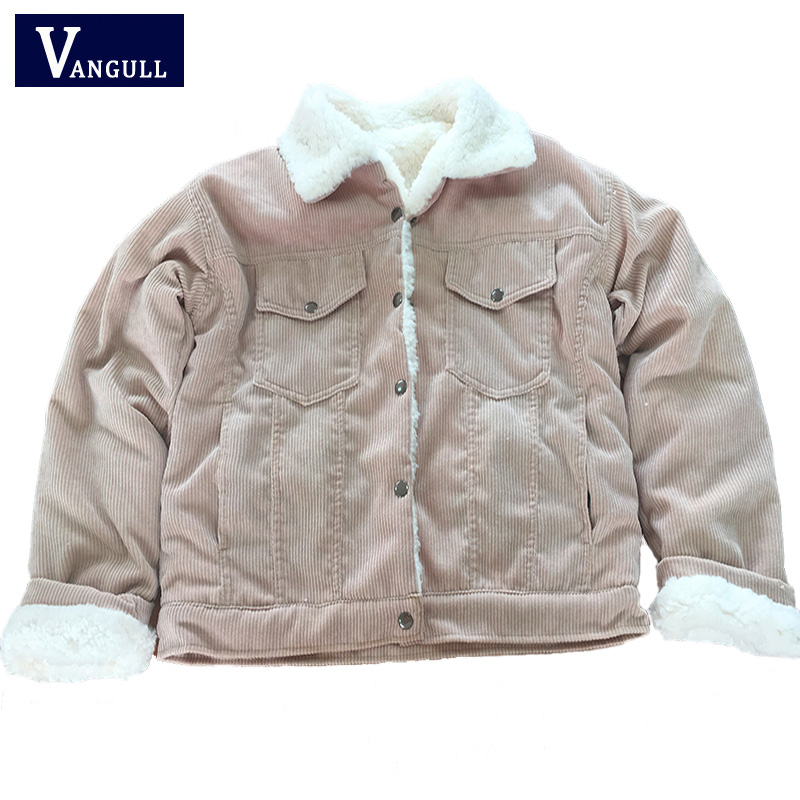 Vangull myk pels foret kåpe vinter lammeull jakker kvinner cordfløyel tykk jakke jakke dame outwear casual varm parka: Lett khaki / S