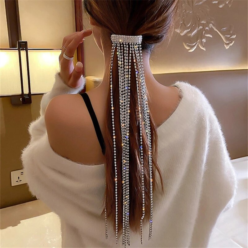 Style Shine Full Rhinestone Hairpins for Women Long Tassel Crystal Hair Accessories Wedding Banquet Jewelry