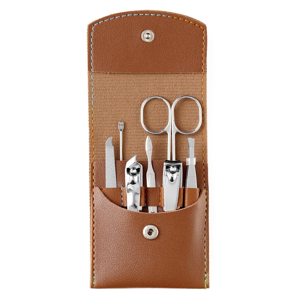 Juego de tijeras de pedicura, cortador de uñas de acero inoxidable, hebilla de cuero plegable, gancho de águila, juego de herramientas de cortaúñas, 7-15 piezas: Brown