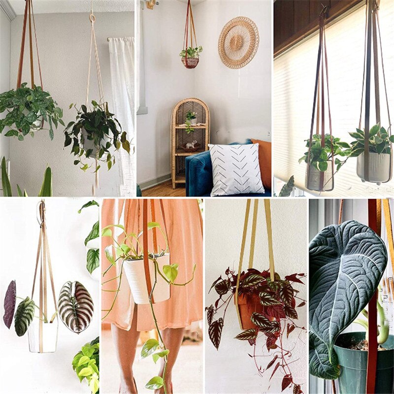 Lyxig pu läder växthängare modern blomkruka hängande hållare kruka vägg takhängare för blomkrukor inomhus utomhus växter